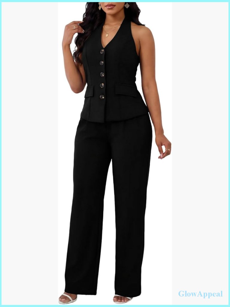 2 Piece Suit Set Halter Vest Blazer Straight Pants Dressy Business Casual